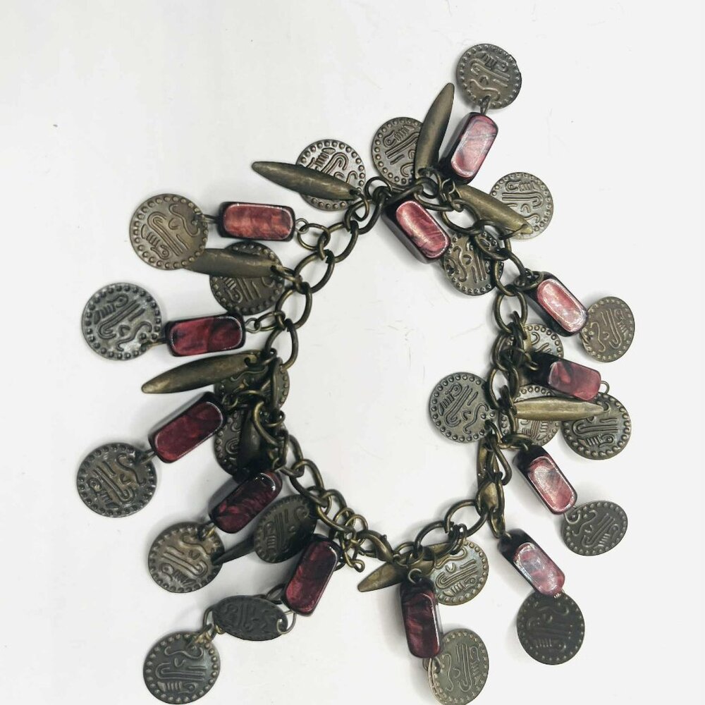 Vintage Boho Charm Bracelet with Glass Beads & Oriental Coin Charms